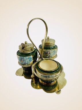 Vintage EPNS Sugar Shaker Salt Cellar Condiment Tray Blue Floral Green 4 Piece